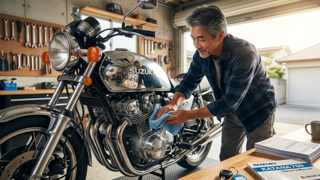 高価査定のために愛車を清掃し、書類を整える男性。バイク買取はどこがいいか？おすすめの結果を得るための大切な事前準備の風景。