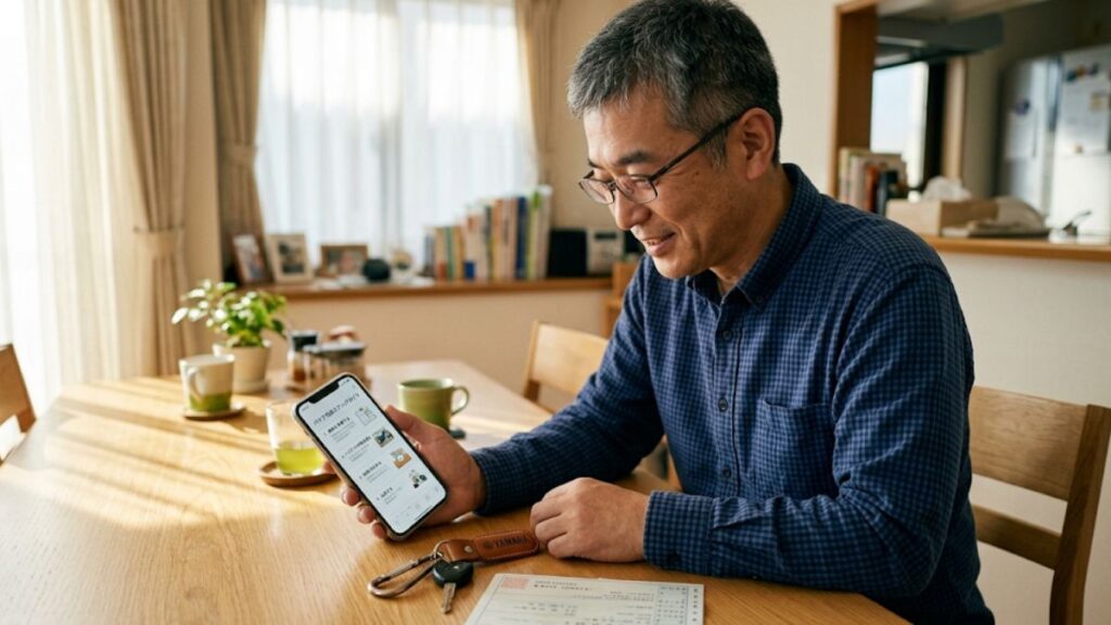 売却の手順を確認し、バイク買取はどこがいいか？おすすめの選択ができるよう全体の流れを事前に整理している60代男性の様子。