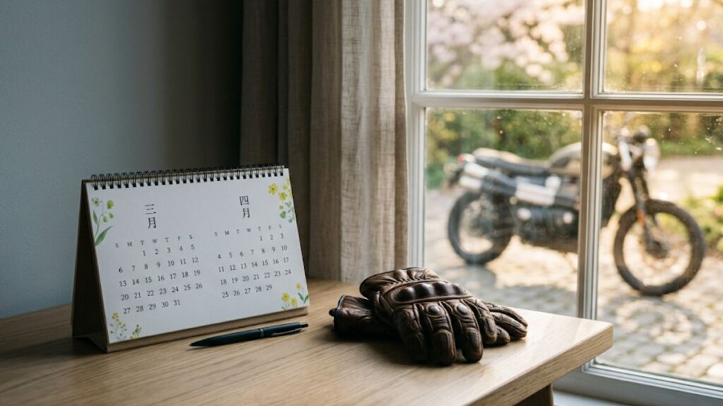 カレンダーと愛車を組み合わせ、バイク買取はどこがいいか？おすすめの売却時期や季節による市場の動きをイメージした構図。