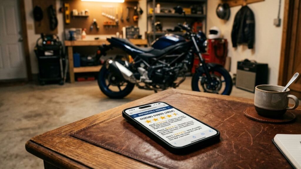 スマートフォンで口コミサイトを見ながら、バイク買取はどこがいいか？おすすめの評判をチェックしているガレージでのワンシーンです。