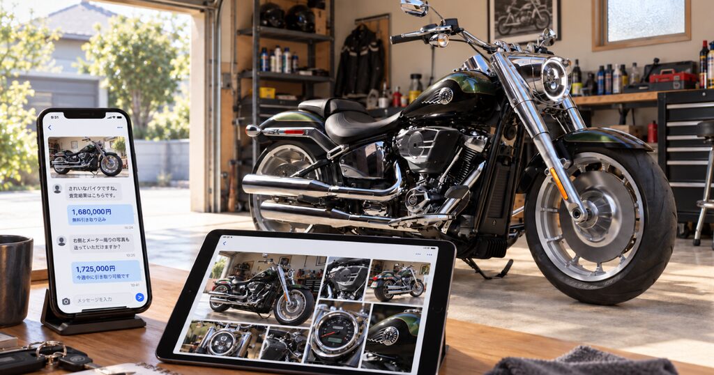 バイクとスマートフォンの写真査定画面でオンライン査定の流れを表現した場面