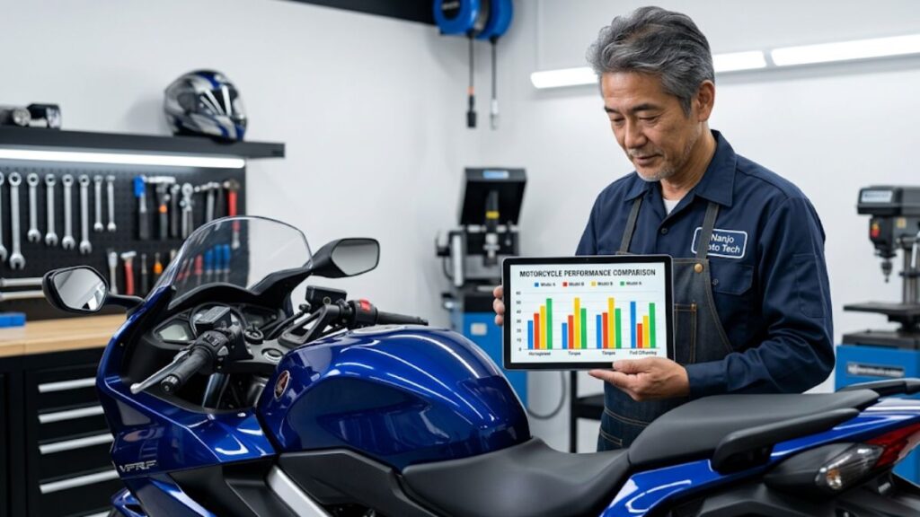 バイク買取はどこがいいか？おすすめの判断材料として、タブレットに表示されたランキング表を愛車の横で確認している様子を写した画像です。
