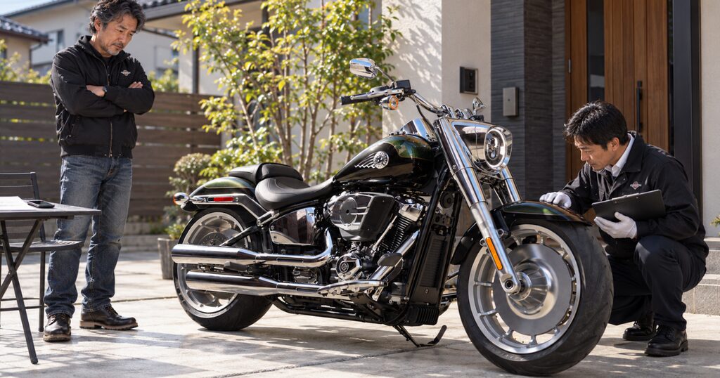 自宅の駐車場でバイクの現車査定を受けながら別の査定結果も用意する50代の日本人オーナー