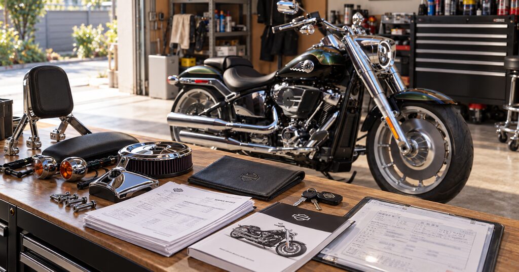 バイク査定前に整備記録やスペアキー、取扱説明書、純正部品をそろえた作業台
