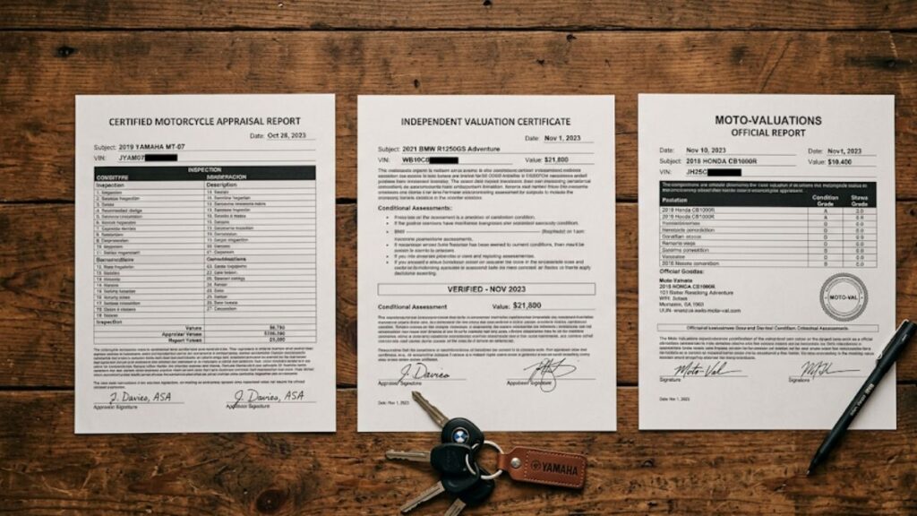 複数の査定書類をテーブルに並べて比較し、バイク買取はどこがいいか？おすすめの売却先を冷静に考えている時の机の上の様子です。