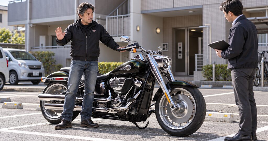 自宅でのバイク出張査定で買取業者に売却しない意思を伝える50代の日本人男性