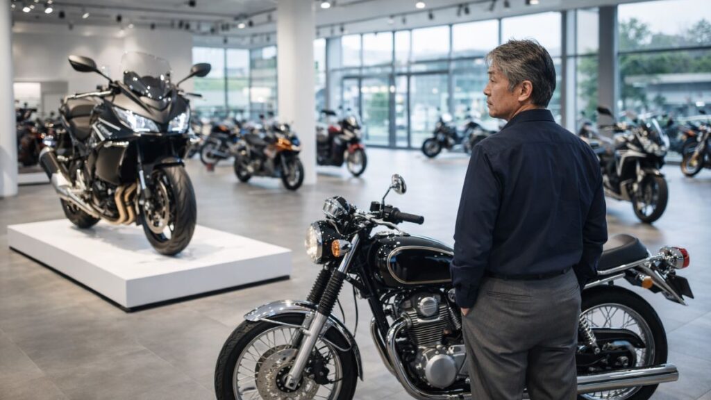 バイク買取はどこがいいか？おすすめの売却方法を検討するため、店舗で下取りと買取のどちらが自分に合うか考え込んでいる男性の姿です。