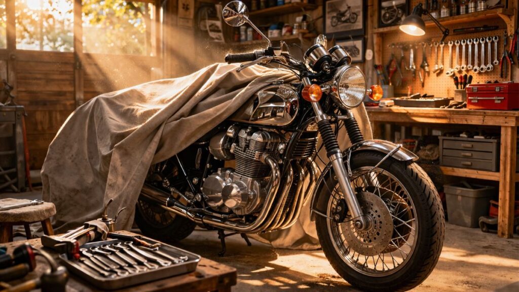 ガレージに眠る動かなくなったバイクを前に、バイク買取はどこがいいか？おすすめの相談先を検討している時の静かな雰囲気の画像です。