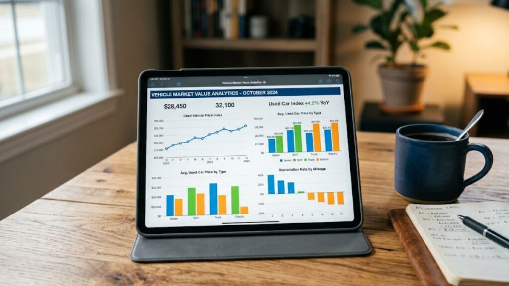 バイク買取はどこがいいか？おすすめの価格帯を把握するため、タブレットに表示された相場表を参考に売却の目安を調査している様子。