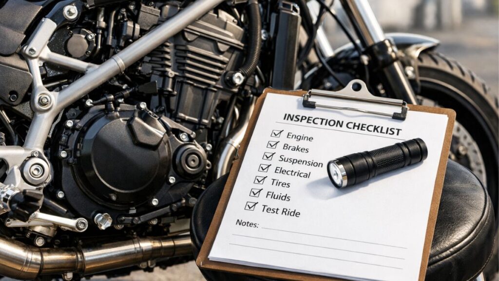 査定のチェックリストと実車を写し、バイク買取はどこがいいか？おすすめの判断基準となる査定時の重要ポイントを視覚化した画像。