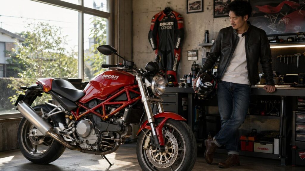 明るいガレージで愛車のドゥカティ モンスター400を満足そうに見つめる日本人の男性ライダー。所有する喜びとバイクライフの始まりを表現。