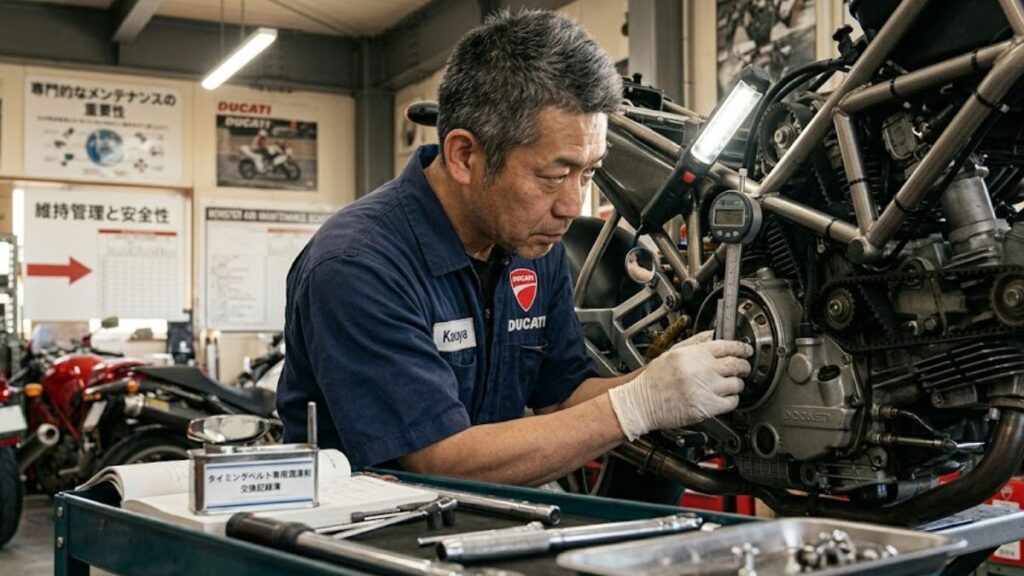 日本のバイクショップでドゥカティ モンスター400のタイミングベルトを点検する日本人整備士。専門的なメンテナンスと維持管理の重要性を表現。