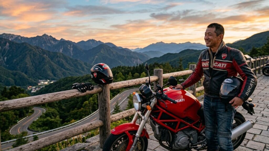 峠の展望台で愛車ドゥカティ モンスター400と景色を楽しむ日本人ライダー。スペックを超えた所有感と走行後の満足感を表現。
