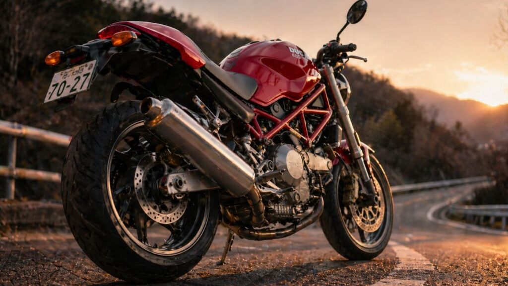 夕暮れの道路に佇むドゥカティ モンスター400のリア周りとマフラー。Lツインエンジン特有の鼓動感とトルクの力強さを視覚的に表現。