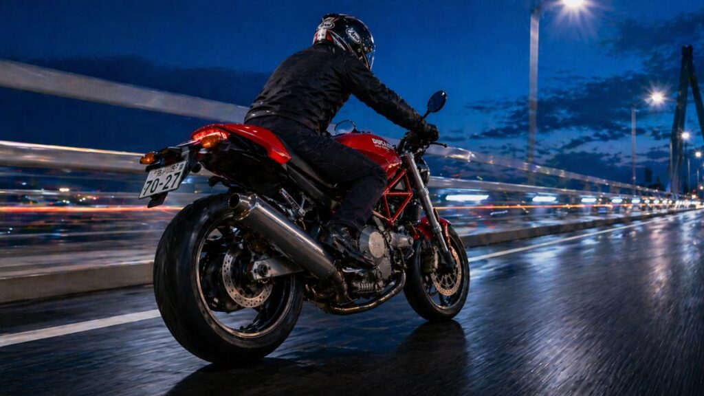 ブルータイムの直線道路を高速で走行するドゥカティ モンスター400。加速性能と最高速への挑戦を想起させる疾走感。