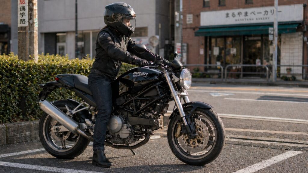 ドゥカティ モンスター400にまたがり、足が地面にしっかり着いている日本人女性ライダー。シート高の低さと足つきの良さを分かりやすく表現。