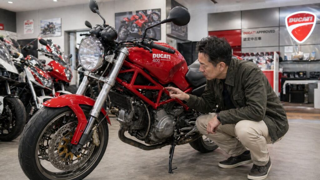 中古バイクショップでドゥカティ モンスター400のフレームやエンジン状態を念入りにチェックする日本人の男性。中古車選びのポイントを表現。