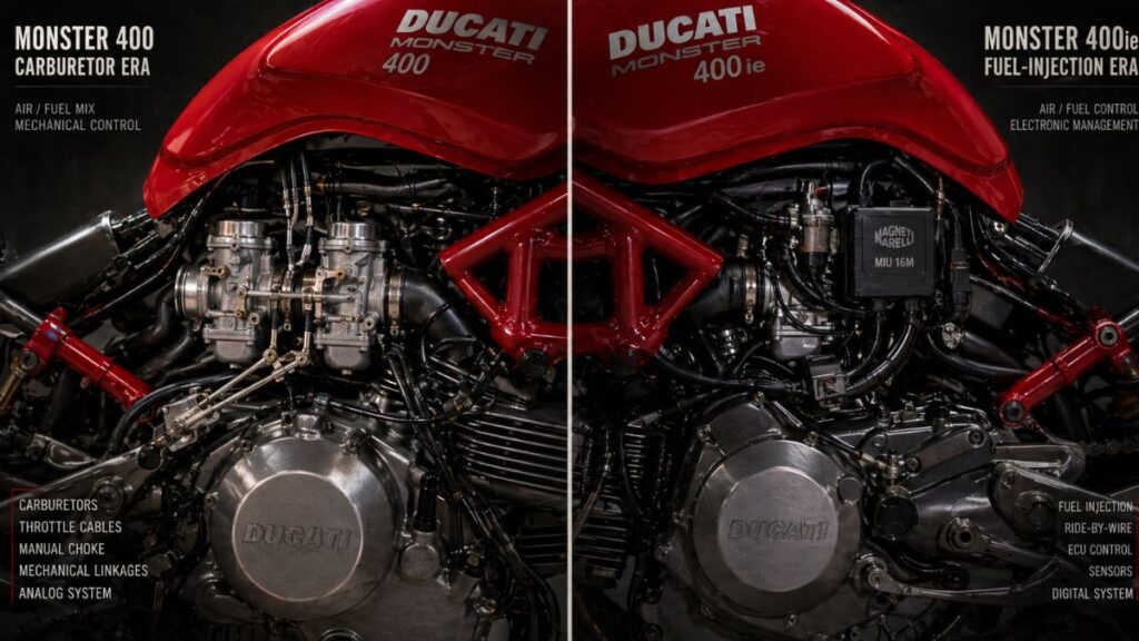 ドゥカティ モンスター400のキャブレター仕様とインジェクション仕様（400ie）のメカニカルな違いを象徴するエンジンパーツの近接写真。