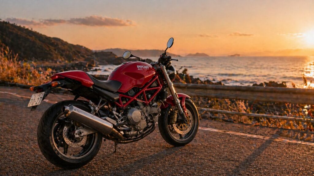 夕暮れの海岸線に佇む赤いドゥカティ モンスター400。生産終了後も色あせないデザインと日本市場における特別な歴史を表現。