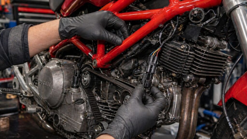 ドゥカティ モンスター400のタイミングベルトや電装系を点検する整備士の手元。輸入車特有のメンテナンスと故障対策の重要性を表現。