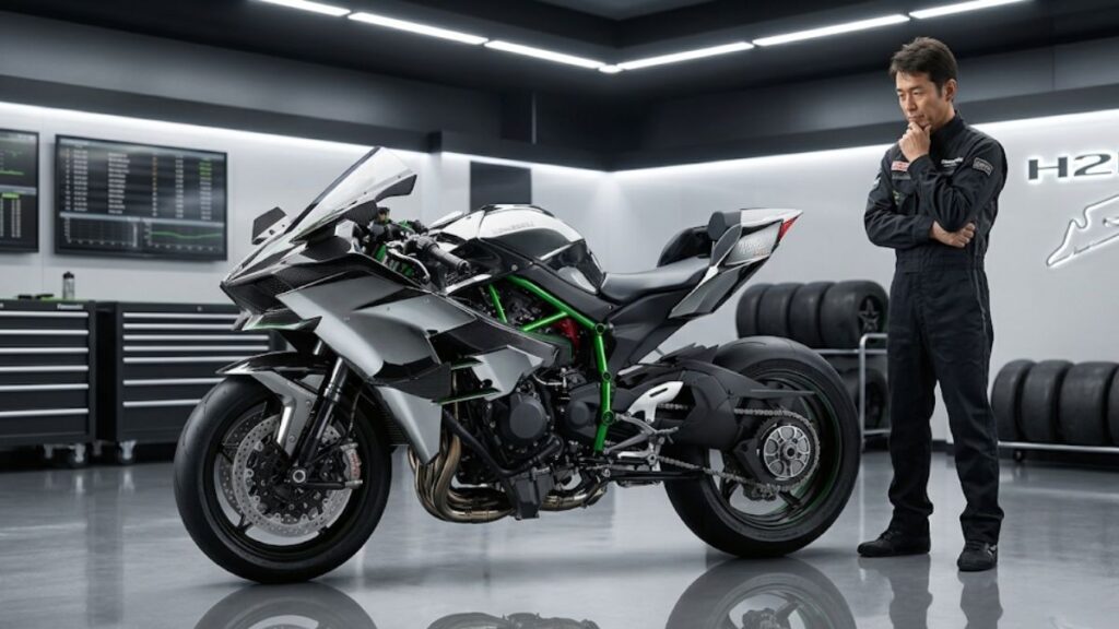 ガレージに佇むサーキット専用バイクを見つめる男性の写真です。H2Rが公道を走れない理由である、公道走行を前提としない設計思想を表現しています。