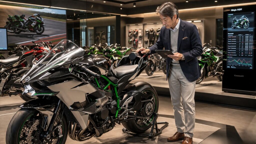 高級感のあるショールームで、バイクの状態や価値を真剣に確認する男性の姿です。H2Rが公道を走れない希少車ゆえの特殊な相場感をイメージしました。