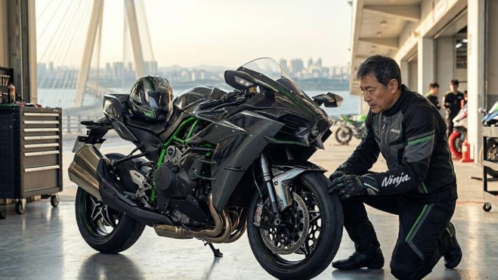 サーキットのピットで走行後のバイクを丁寧にメンテナンスするライダーの写真です。H2Rが公道を走れないからこそ味わえる特別な体験と手間を表現しています。