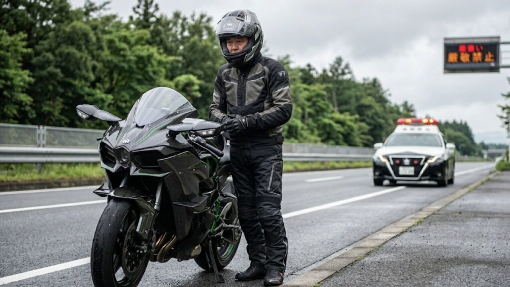 ヘルメットを被った男性が公道の路肩にバイクを停めて佇む様子です。H2Rが公道を走れないという法規を無視した際のリスクや罰則の重さを暗示しています。