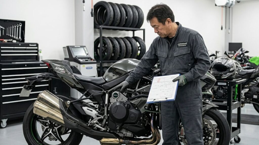 整備工場で書類を片手にバイクの構造を確認するメカニックの写真です。H2Rが公道を走れない状態から改造登録を目指す際の、高い現実的な壁を表現しました。