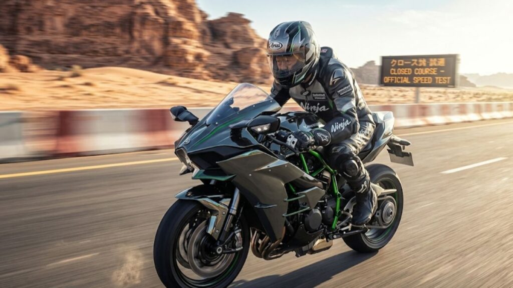 海外の閉鎖された直線道路を高速で駆け抜けるライダーの姿です。H2Rが公道を走れない日本の常識とは異なる、海外の特殊な走行事例をイメージしました。