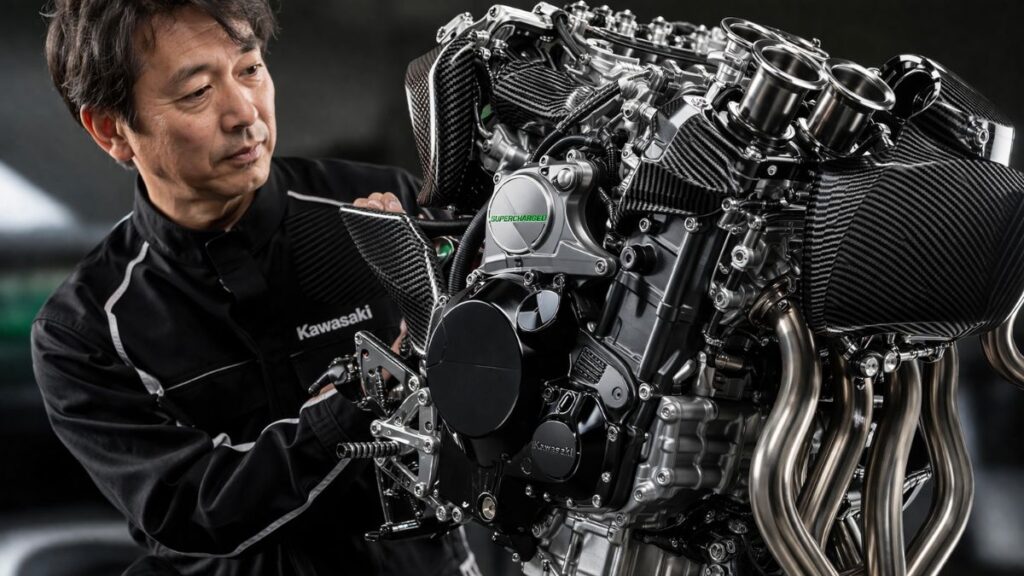 H2Rが公道を走れない理由にも繋がる、極限まで作り込まれた998ccエンジンの機能美を見つめるメカニックの様子です。