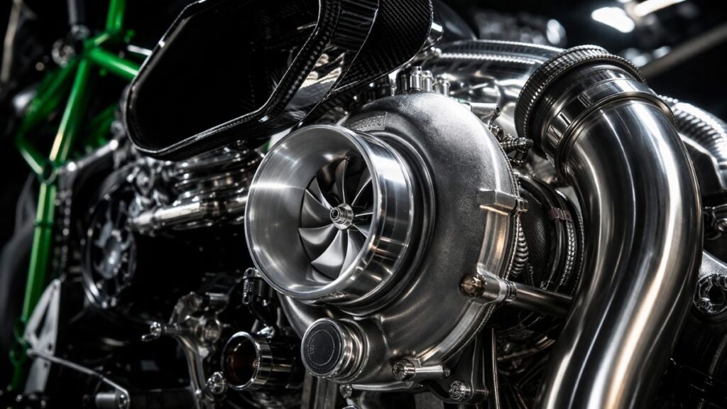 圧倒的なパワーを生み出すスーパーチャージャー部分の接写画像です。H2Rが公道を走れないほどの強烈な出力を支える心臓部を表現しました。