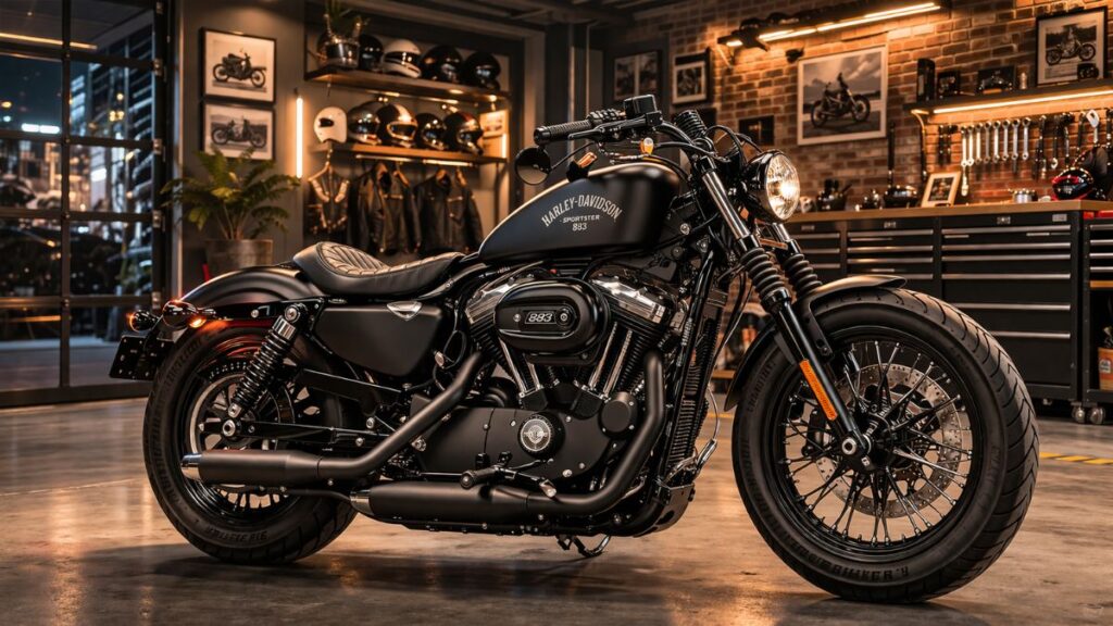 ハーレー 883のカスタム完全ガイドとして、ガレージに佇む洗練された一台をドラマチックな照明で捉えた高品質なプロの写真です。