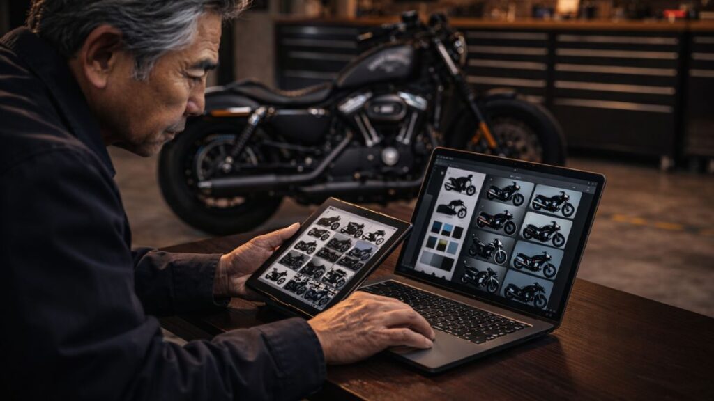 理想のスタイルを求めて画像リサーチに励む、ハーレー 883のカスタム計画。予算と全体のバランスを慎重に練る大人の趣味のひととき。