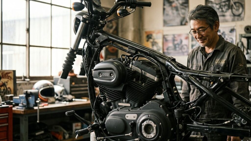 ハーレー 883のカスタムに選ばれる理由であるエンジンの機能美を、柔らかな自然光の中で精緻に写し出したプロの撮影カット。