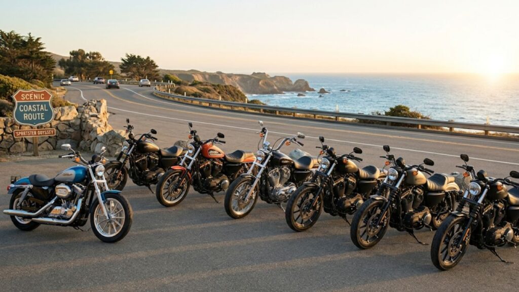 海岸沿いに並ぶアイアンや883Rなど、ハーレー 883のカスタムベースとなる複数モデルの造形美を鮮明に記録した風景写真。