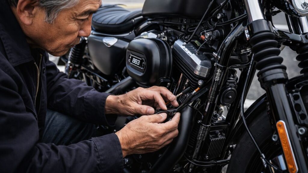 屋外でハーレー 883のカスタム車両の状態を念入りに確認する年配の男性。中古車選びの際の慎重な視点を自然な描写で表現しています。