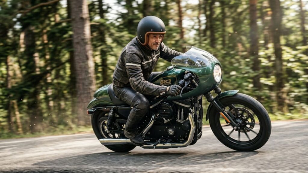 山道を走るカフェレーサースタイルのハーレー 883のカスタムと、ヘルメットを着用し走りを愉しむ50代の日本人ライダーの姿。