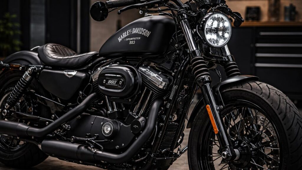 アイアンモデル特有の質感を活かし、LEDヘッドライトやソロシートなどハーレー 883のカスタムパーツを精細に捉えたプロの写真。