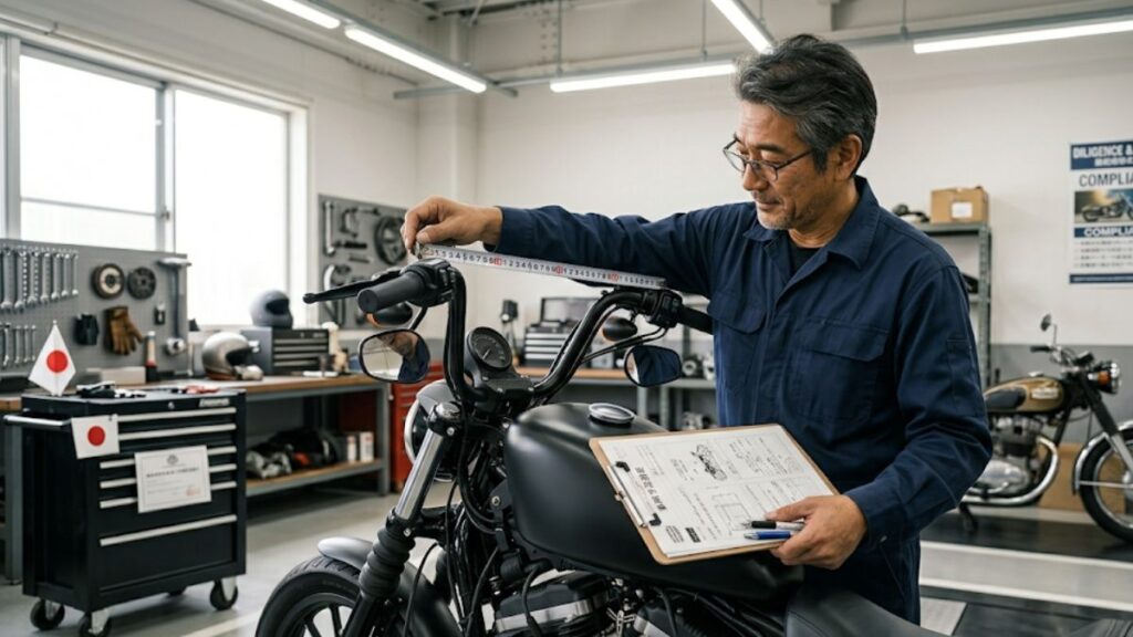 法令遵守と安全性を考慮し、ハーレー 883のカスタム箇所の寸法を正確に計測する、誠実で丁寧なメンテナンス作業の風景。