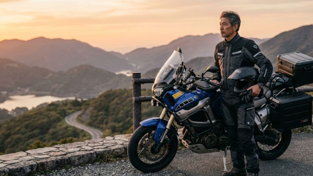 夕暮れ時にバイクの横で思案する50代の男性ライダー。バイクローンはやめたほうがいいか迷い、冷静に判断基準を整理しようとする落ち着いた雰囲気の画像です。