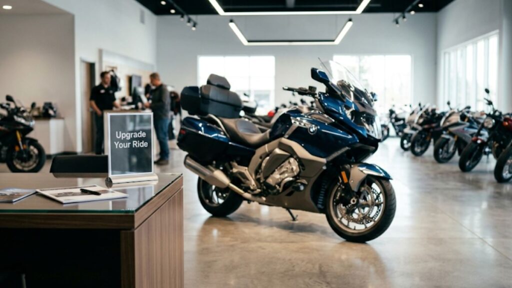 モダンなバイクディーラーのショールーム。予算を上げて憧れの車種を手に入れたいという、バイクローンはやめたほうがいいか検討すべき人の特徴を象徴する光景です。