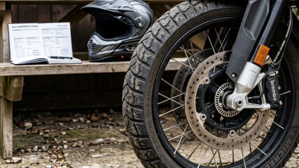 整備されたバイクの足回りとヘルメット。月々の返済以外にかかる維持費を考慮し、バイクローンはやめたほうがいいか冷静に見極めるための負担感を表現した画像です。