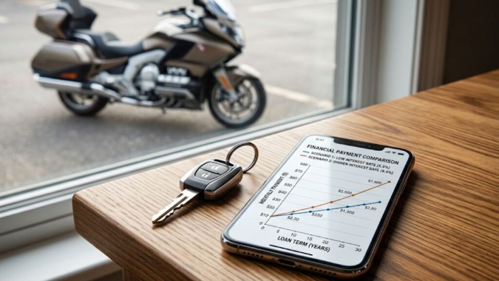 机の上のバイクの鍵と金利計算のグラフ。総支払額の差を数値で比較し、バイクローンはやめたほうがいいか合理的に検討する場面を説明する高品質な画像です。