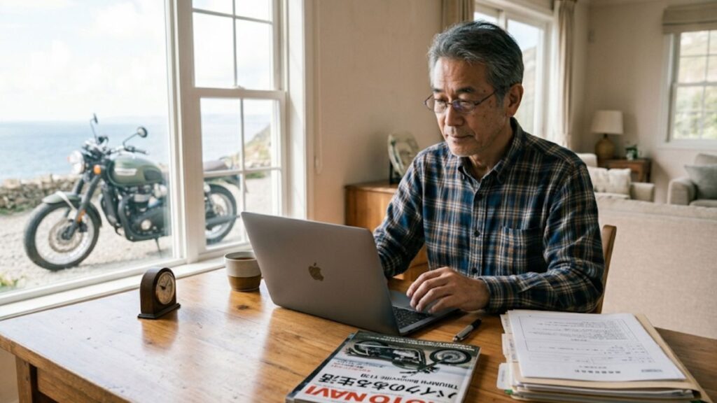 自宅でパソコンを前に思案する60代の男性。審査条件や収入の安定性を確認し、バイクローンはやめたほうがいい無理な契約を避けるために冷静に計画を立てている画像です。