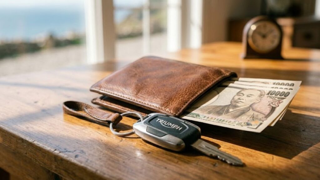 テーブルに置かれた財布とバイクの鍵。車両価格の数割の頭金を準備することで、バイクローンはやめたほうがいいと言われるオーバーローンを防ぐ資金計画を表現した写真です。