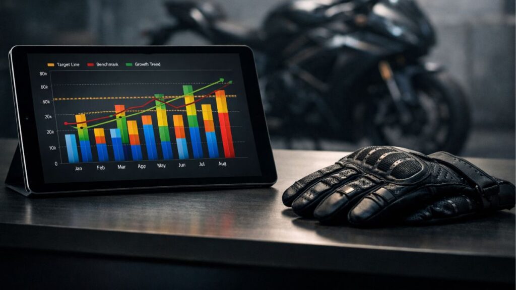 返済シミュレーションを表示したタブレットとライディンググローブ。利息や期間を比較し、バイクローンはやめたほうがいい長期返済のリスクを冷静に検討する場面の画像です。