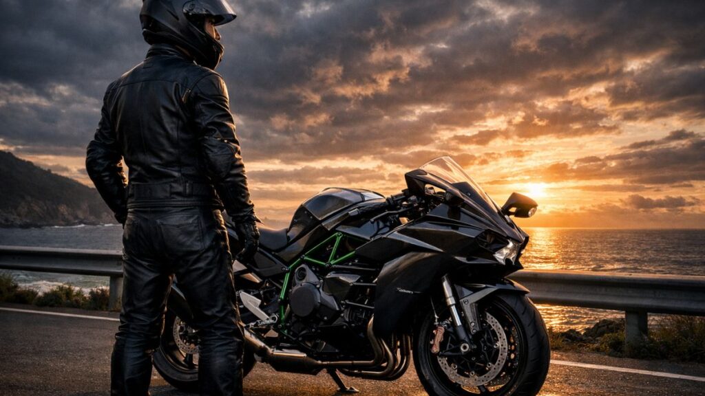 Ninja H2の生産終了はなぜ起きたのか、その理由と今後のバイク業界の展望について海辺で物思いにふけるライダーの姿です。