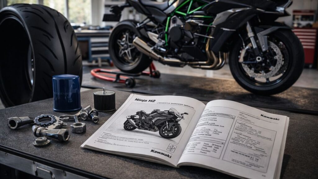 ガレージの作業台に並ぶスペアパーツとマニュアルから、Ninja H2の生産終了はなぜかと維持費やパーツ供給問題への関心を描いた画像。