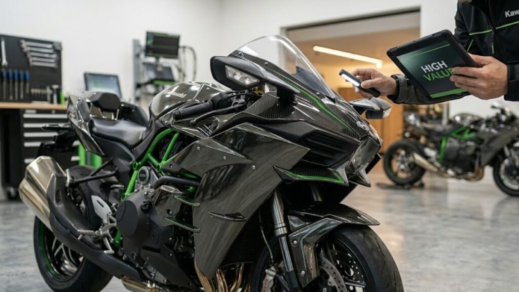 プロフェッショナルな査定を受けるピカピカのNinja H2 CARBON。Ninja H2の生産終了はなぜかと高値で取引される理由を物語るシーン。